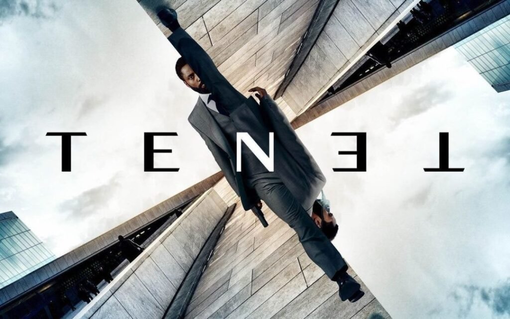 Tenet movie poster featuring John David Washington as The Protagonist in a dramatic inverted composition