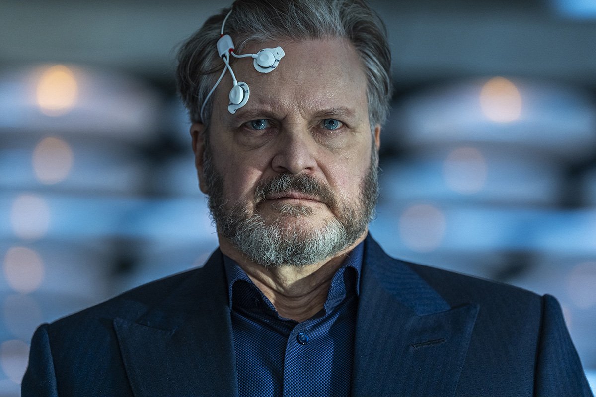 Colin Firth's Noah Scanlon, wired into Wardex's own technology in Disclosure Day.
