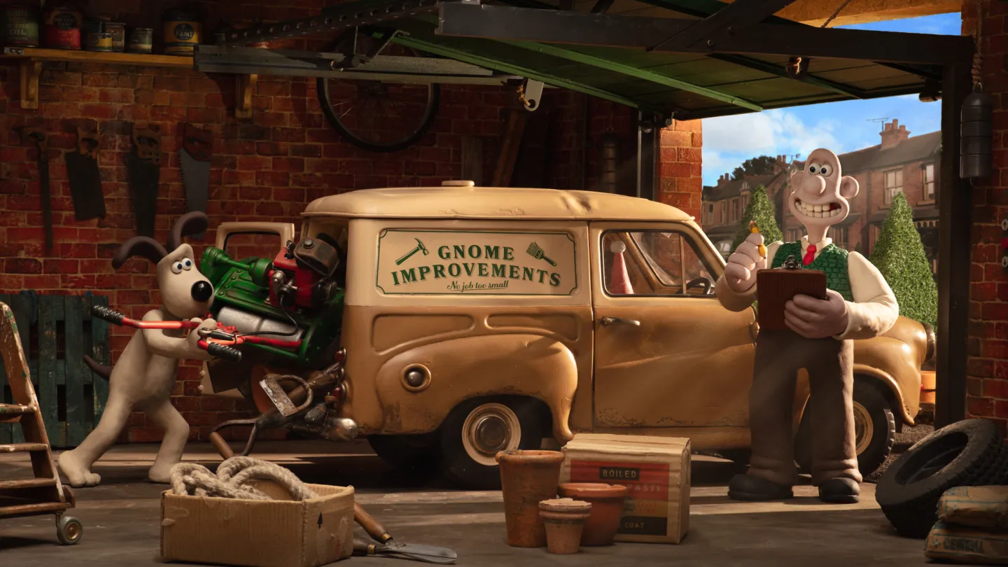 Wallace holding a clipboard and Gromit working on an engine beside the Gnome Improvements van in Wallace & Gromit: Vengeance Most Fowl