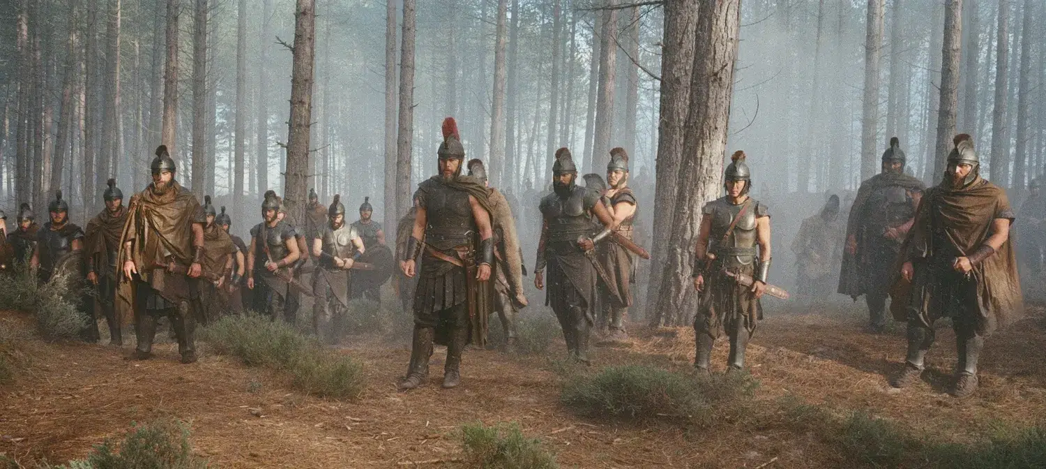 Odysseus and Greek warriors walking through a misty forest in Christopher Nolan’s The Odyssey
