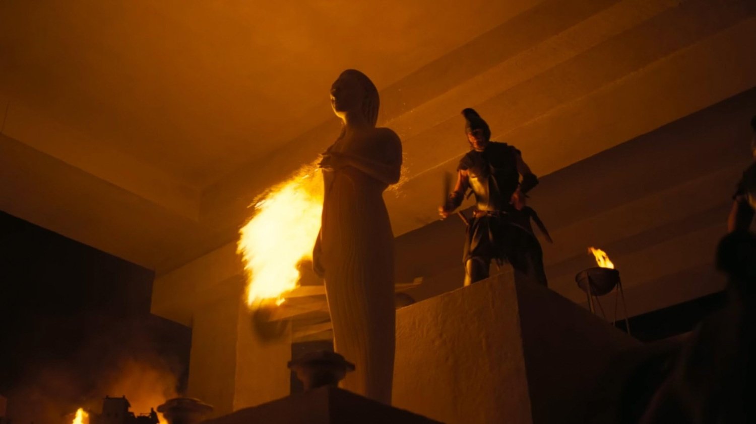 Temple of Athena during the burning of Troy in Christopher Nolan’s The Odyssey (2026)