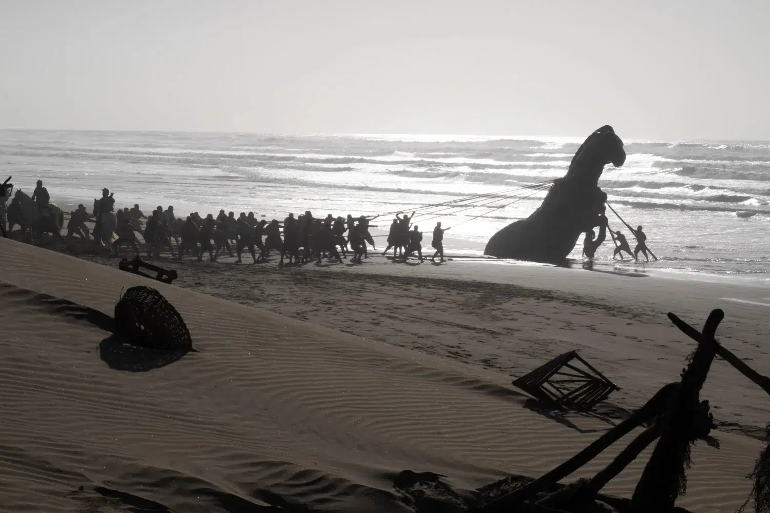 Trojan Horse being pulled along a beach in Christopher Nolan’s The Odyssey (2026)